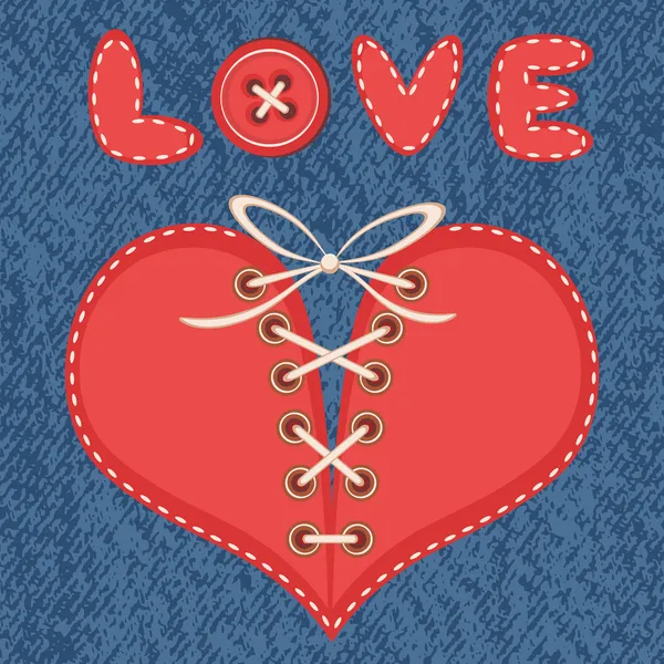 Kärlek och spetsad hjärta med jeans bakgrund. — Stock vektor