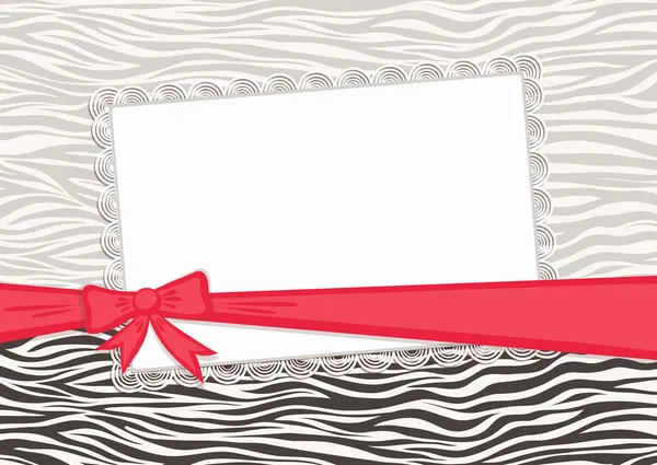 Gift card with red ribbon and zebra texture background — Stock Vector