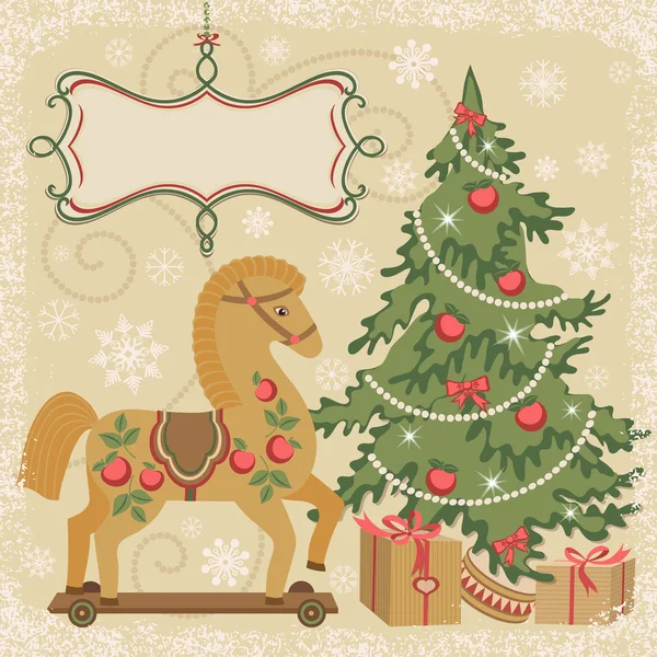 Cheval et sapin de Noël avec cadeaux — Image vectorielle
