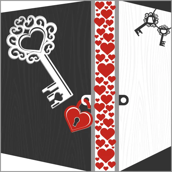 Verschillende sleutels, lock en open deuren met hart — Stockvector