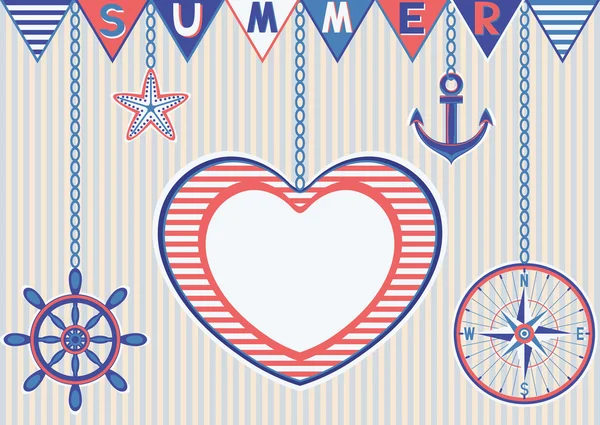 Cartão de verão náutico com quadro de coração — Vetor de Stock