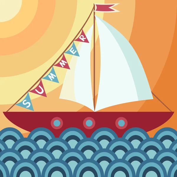 Cartoon sea landscape with sailboat — Stock Vector