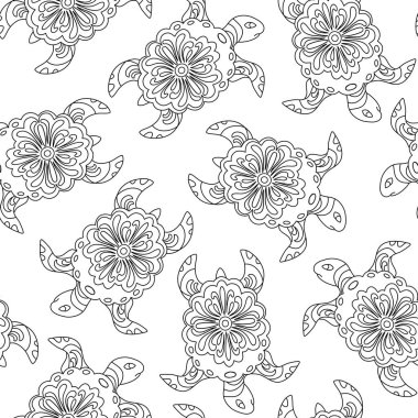 Boyama kitabı için deniz kaplumbağası deseni. Siyah ve beyaz vektör çizimi.