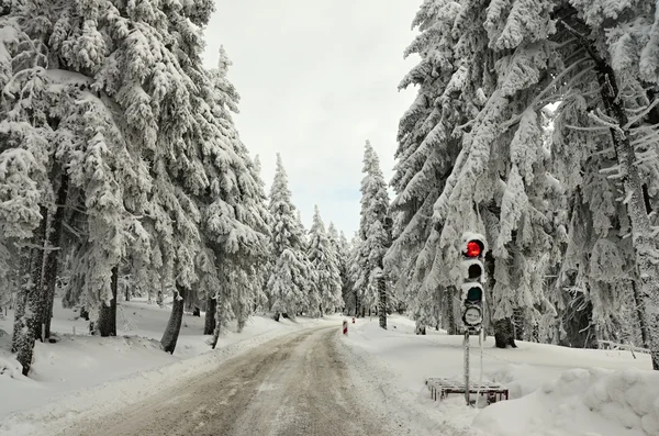 Traffic lights on the winter road in mountain Klínovec — Stock Photo, Image