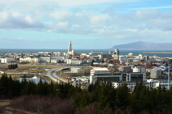 Reykjavik, İzlanda tanımlıkHallgrimskirkja Kilisesi tepesinden başkenti havadan görünümü — Stok fotoğraf