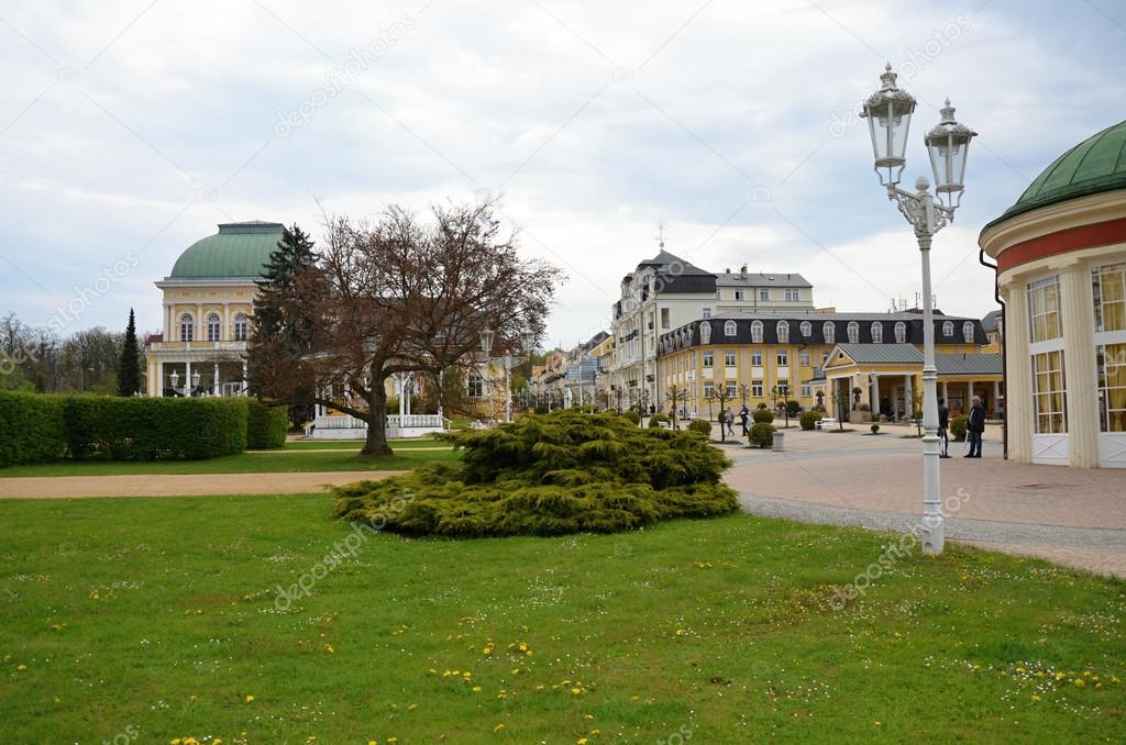 The spa town of Franzensbad with parks and spa houses in the spring