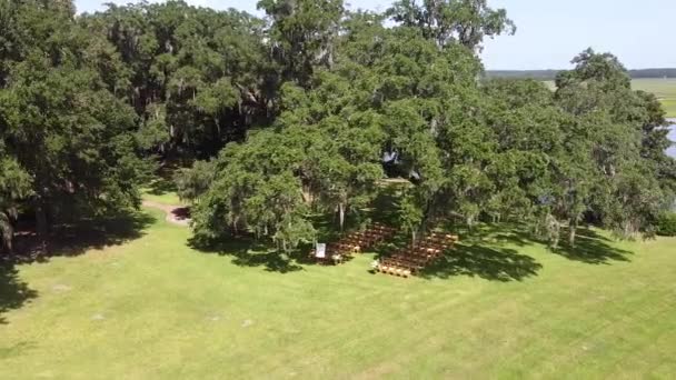 Vista dall'alto del luogo del matrimonio in un campo verde sotto l'albero. Tradizione di cerimonia nuziale con arredamento decorato sul prato. Righe di sedie festive e bei fiori in cesti. riva del lago — Video Stock