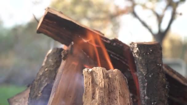 Doğranmış odunların yakın çekimi. Tahtada ateş, taş şöminede yakılan odun. Ateş şenliği ateşi. Tahtada yanan turuncu alev. Izgarada çok sıcak kömür yanıyor. — Stok video