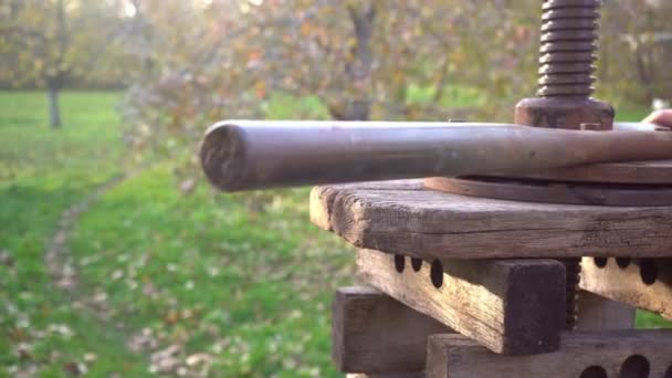 Close up mens mani assemblare una pressa di legno per la raccolta di succo di mela sidro di alcol. Premere mele fresche in secchio per produrre in paese. Magazzino imballaggi frutta, trasformazione alimentare 4k — Video Stock