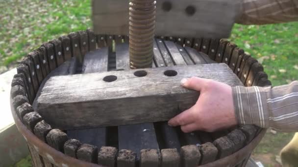 Close up mens hands assemble a wooden press for harvesting apple juice cider alcohol. Pressing fresh apples in bucket to produce in village. Fruit packaging warehouse, food processing 4k — ストック動画