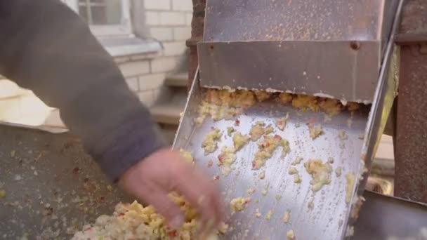 Closeup man uses collected fresh apples for crushing in grinding box before squeezing in wooden press to produce cider in village. Fruit vitamin paste. Raw vegan vegetarian healthy food concept 4k — Vídeo de Stock