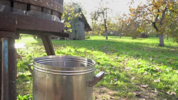 Sklizeň ovocné šťávy doma pomocí staré metody kovové nádrže. Krásná venkovská podzimní krajina se zchátralou opuštěnou dřevěnou stodolou vedle krásné zahrady s podzimními barvami při západu slunce 4k — Stock video