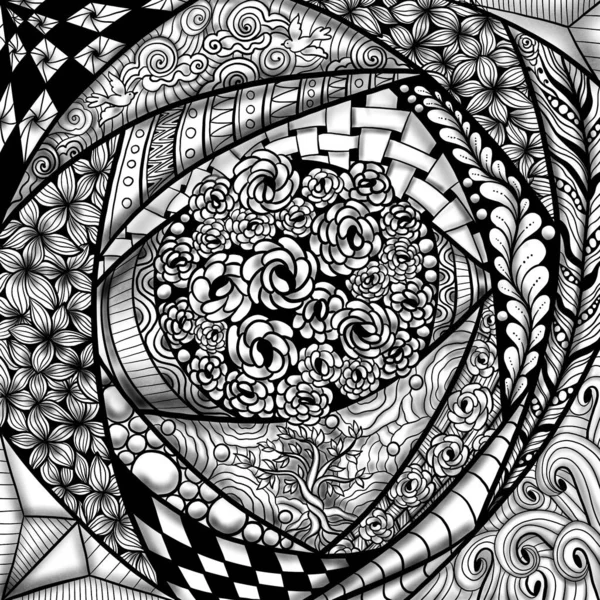 Esquema de estilo Zentangle ilustración cuadrada con sombreado, gráficos 3D monocromáticos —  Fotos de Stock