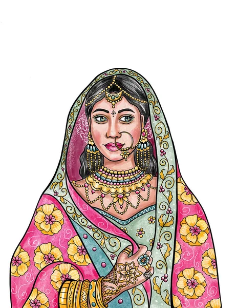 Noiva Mulher Indiana Vestido Tradicional Isolado Fundo Branco Ilustração Colorida — Fotografia de Stock
