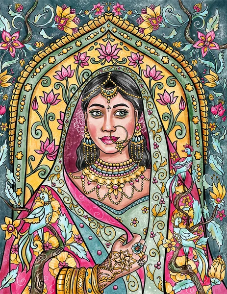 Indische Braut Traditioneller Kleidung Mit Ornamentalem Hintergrund Farbenfrohe Illustration — Stockfoto