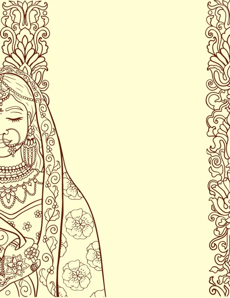 Indická Svatební Šablona Mehndi Desin Stylu Nevěstou Tradičních Šatech Vektor — Stockový vektor