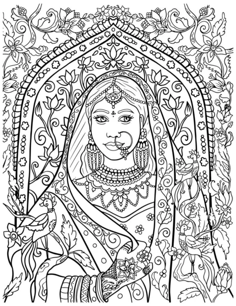 Novia India Sari Con Motivos Ornamentales Tradicionales Vector — Vector de stock