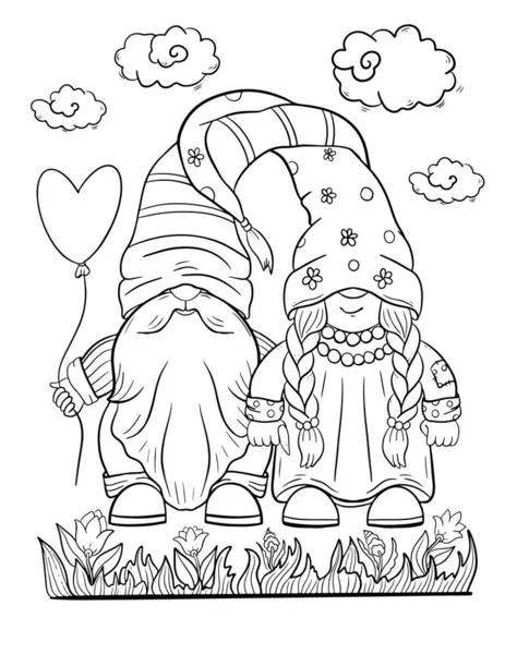 Gnomes ζευγάρι χρωματίζοντας σελίδα βιβλίου για τα παιδιά, περίγραμμα εικονογράφηση — Διανυσματικό Αρχείο