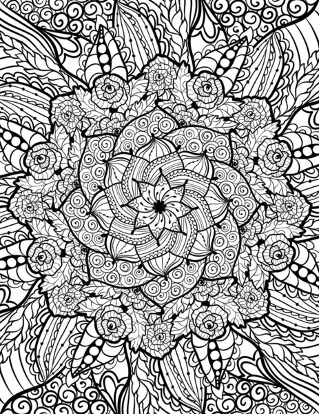 Mandala plné pokryté omalovánky stránka pro dospělé, zentangle styl čáry umění — Stock fotografie