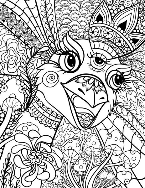 Crazy emu adult coloring book page in zentangle style — Stock Photo, Image