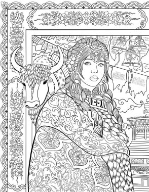 Süslü arka planı olan Tibetli kadın yetişkin boyama kitabı sayfası