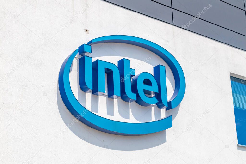 Gdansk, Poland - July 7, 2021: Intel logo used from January 3, 2006 to September 2, 2020. Intel Corporation is an American multinational corporation and technology company.