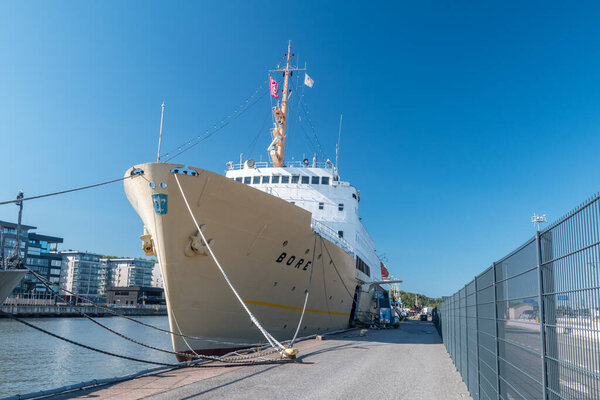 Turku, Finland - August 6, 2021: Old cruise ship bore near Forum Marinum maritime museum. MS Bore is a combination museum and hotel ship docked permanently in Turku.