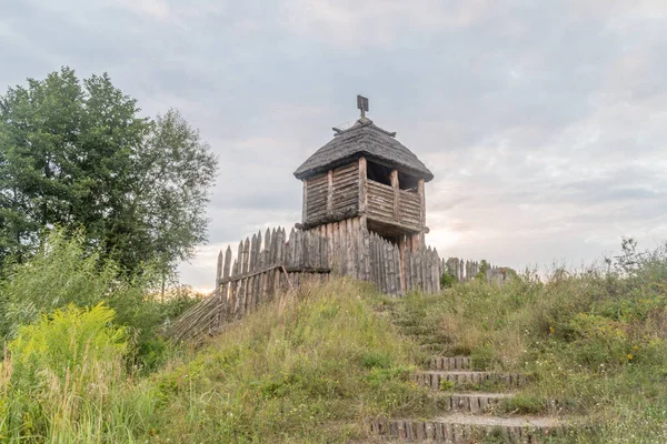 Palisade 'li tarihi köy ahşap kulesinin yeniden inşası.