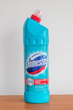 Pruszcz Gdanski, Polonya - 28 Ağustos 2021: Tuvalet temizliği için Domestos.