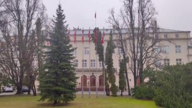 Warsaw, Poland - December 31, 2021: Ministry of National Defense (Polish: Ministerstwo Obrony Narodowej, MON) on Klonowa street at rain.