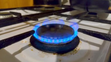 Flame on cooktop gas cooker. Stove burning a blue cooking flame.