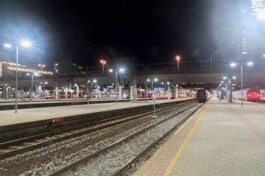Oslo, Norway - September 23, 2021: Platforms at Oslo Central Station at night.