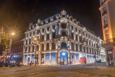 Oslo, Norway - September 24, 2021: Karl Johan Hotel building at night.