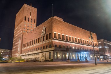 Oslo, Norway - September 24, 2021: Oslo city town hall building at night.