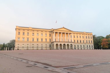 Oslo, Norway - September 24, 2021: View of the front facade of Slottet, Royal Palace in Oslo, Norway.