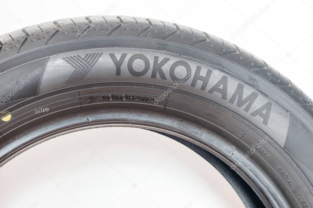 Pruszcz Gdanski, Poland - January 18, 2022: Logo and sign Yokohama on tire. Yokohama is a tire company based in Tokyo, Japan.