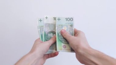 Eller Polonya paralarını sayıyor. Polonyalı 100 PLN banknot sayan adam. Nakit parayı kontrol ediyorum..