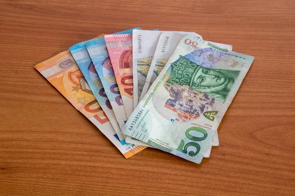 Bancnotele Euro Georgiene Lari Masă Lemn Eur Gel Moeny — Fotografie, imagine de stoc