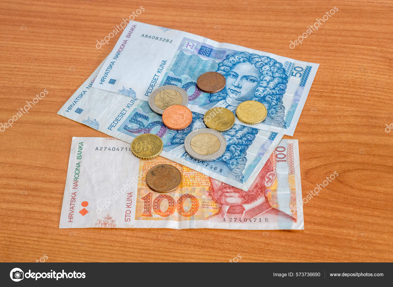 克罗地亚克朗Hrk钞票和欧元硬币——图库图片© Robson90 #573736690