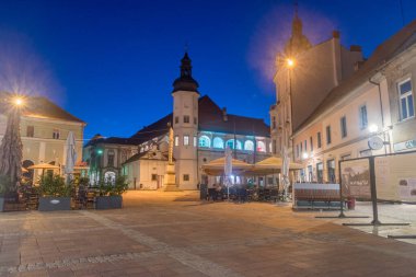 Maribor, Slovenya - 2 Haziran 2022: Maribor Kalesi ve Saint Florian sütunları gece. Slovenya 'nın kuzeydoğusundaki Maribor kasabasındaki Barok malikanesi.