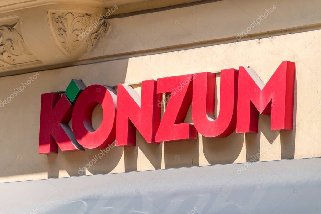 Zagreb, Croatia - June 2, 2022: Logo of Konzum Ltd. Konzum is Croatia's largest supermarket chain.
