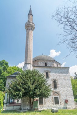 Sarajevo, Bosnia and Herzegovina - June 3, 2022: Ali Pasha Mosque and minaret (Turkish: Ali Pasa Camii).