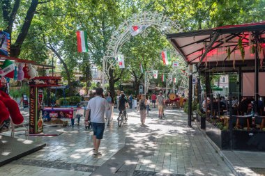 Tirana, Albania - June 4, 2022: Pedestrian alley in city center during Italian week.