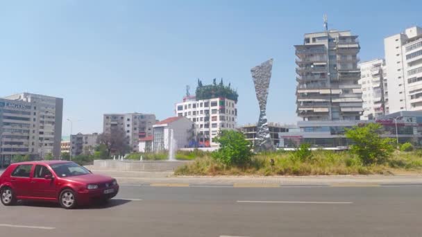 Tirana Albania June 2022 Traffic Karl Topia Square Renaissance Roundabout — Stock Video