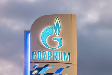 Gornja Toponica, Serbia - June 6, 2022: Logo and sign of Gazprom.