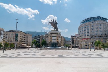 Skopje, North Macedonia - June 5, 2022: Macedonia Square from the Stone Bridge.