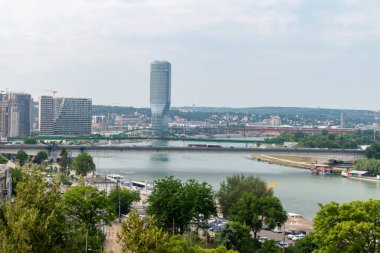 Belgrade, Serbia - June 7, 2022: Panoramic view on Belgrade with Sava river and bridges.