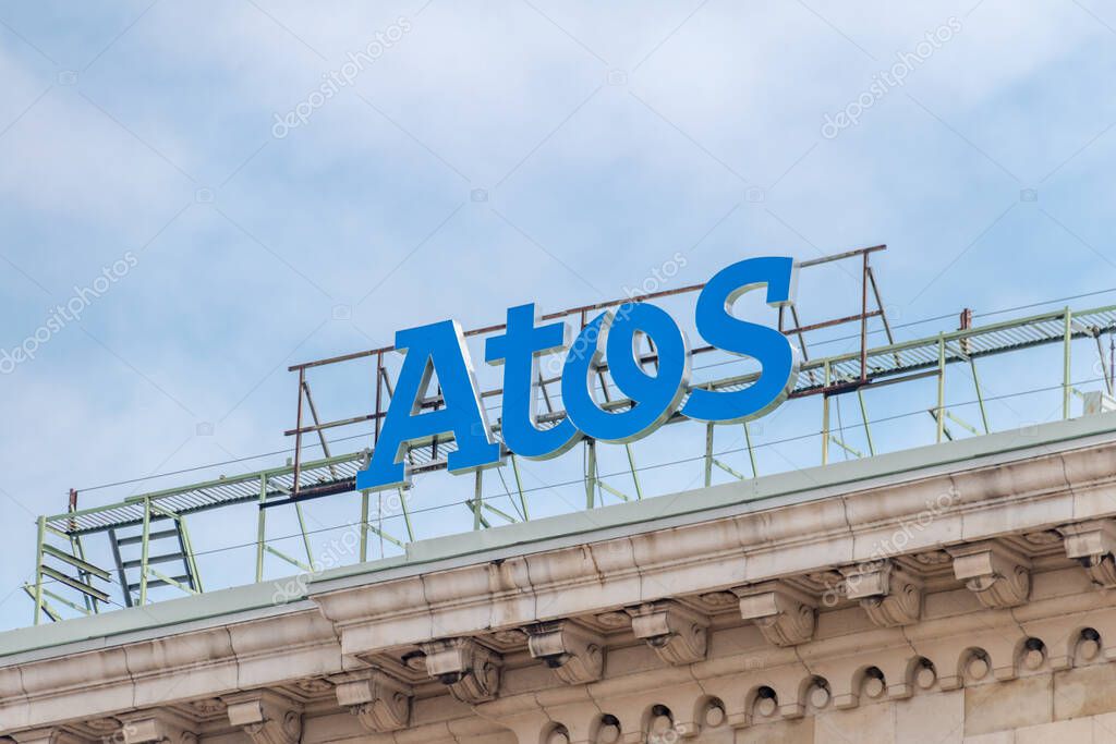 Sofia, Bulgaria - June 6, 2022: Logo of French multinational information technology, Atos.