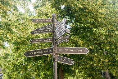 Debrecen, Hungary - June 11, 2022: Arrows pointing direction and distances measured from the Debrecen to the different cities in the World.