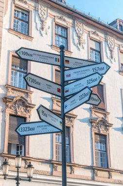 Nyiregyhaza, Hungary - June 11, 2022: Distances in kilometers in the Nyiregyhaza city in Poland showing distances to others cities.